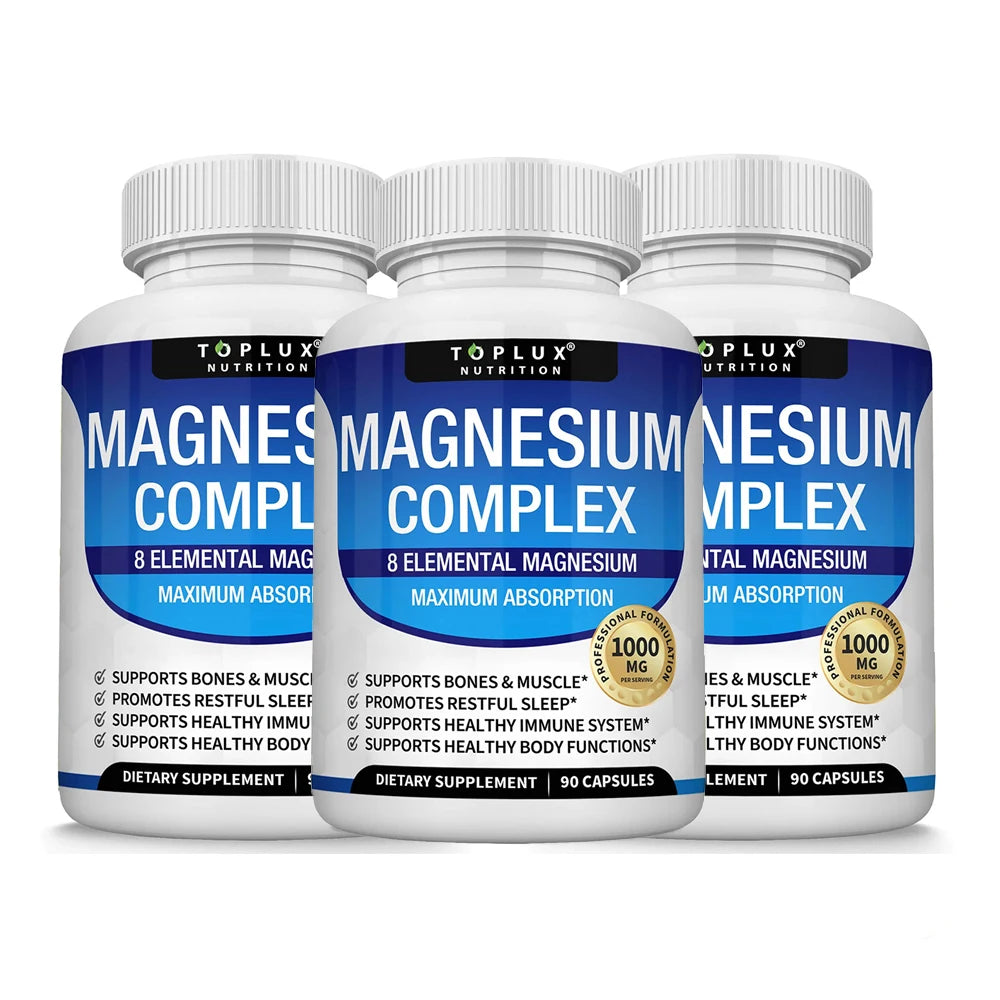 Magnesium Complex Supplement | 1000mg Magnesium Glycinate, Malate, Citrate | 8 Elemental Chelated Formula | Vegan, Non-GMO, 90 C